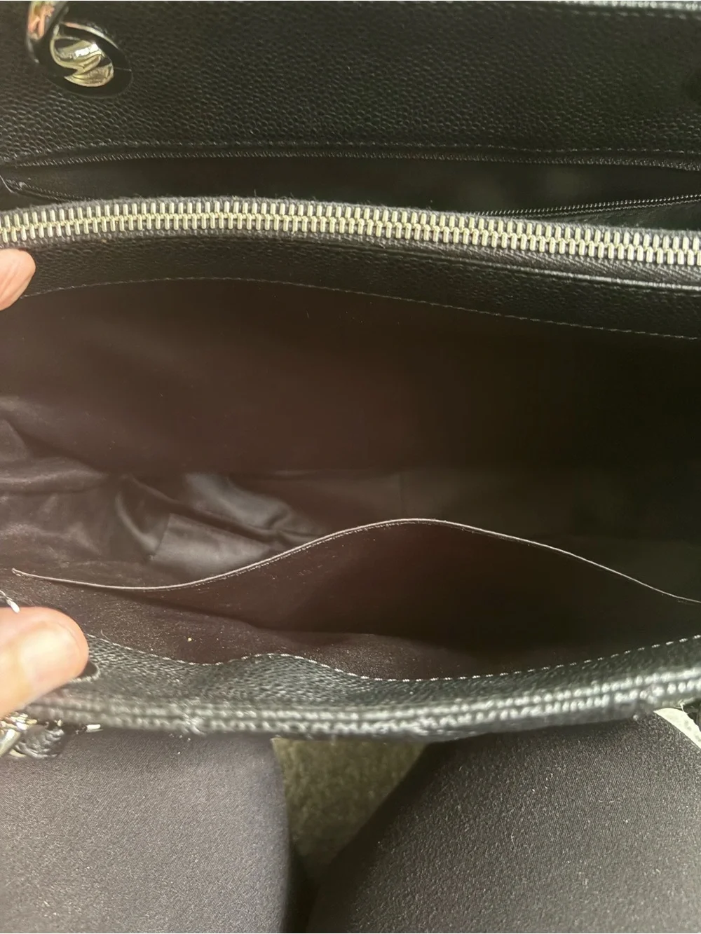 CHANEL Black Quilted Caviar Leather Tote with Silver Chain Handles
